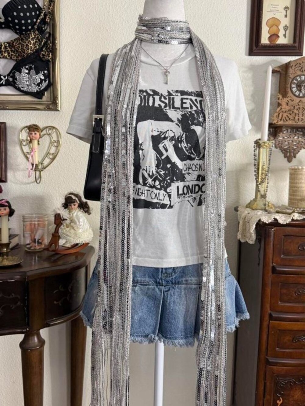 Y2k indie sleaze grunge glam silver sequins skinny scarf